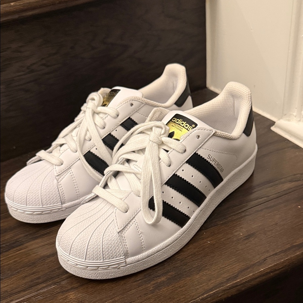 Adidas women’s Superstar White Black Gold Sneakers